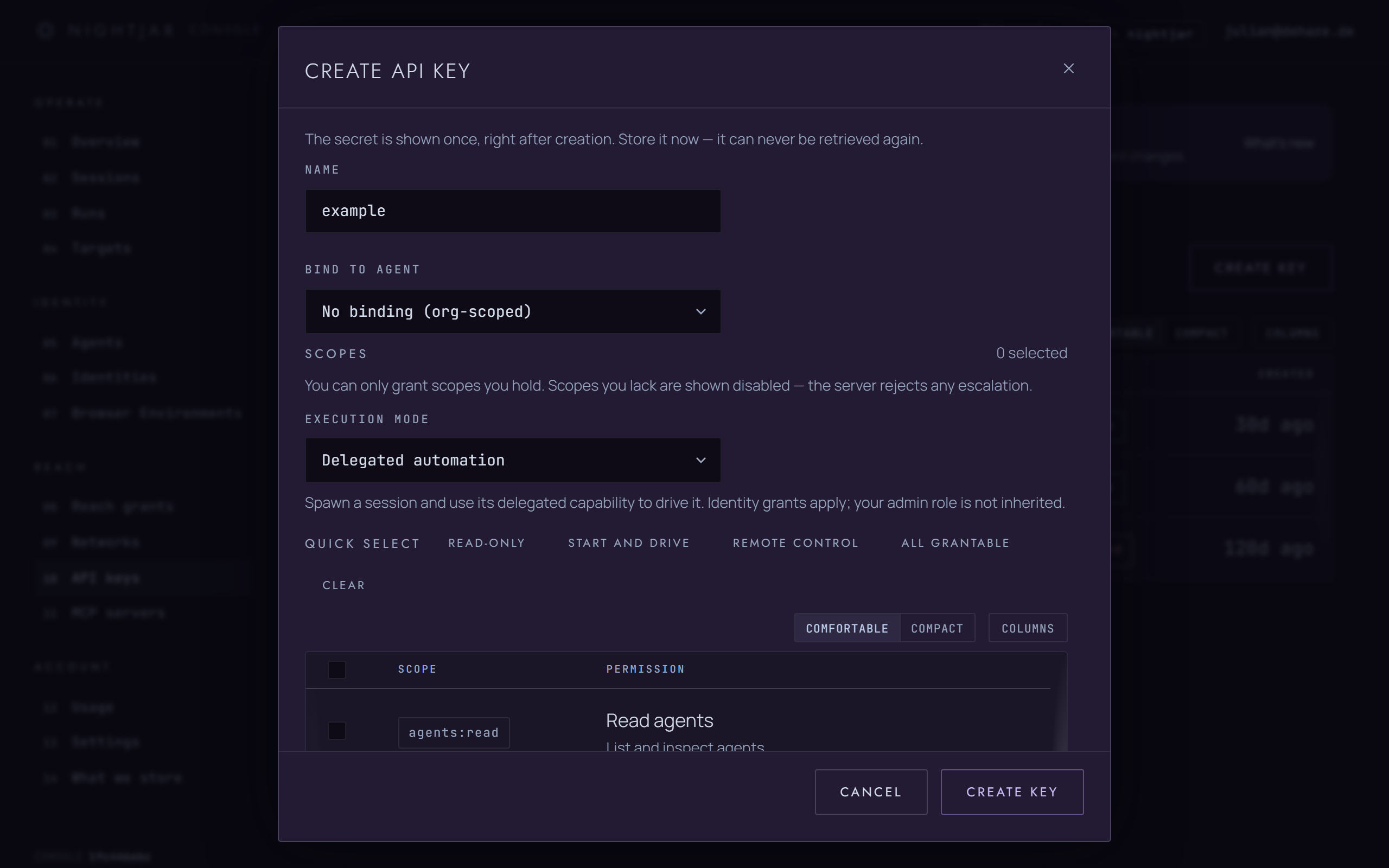 The API keys page with the new key form open and its name filled in: where a signed-out visitor following a new key link now lands after signing in. Captured from a local build.