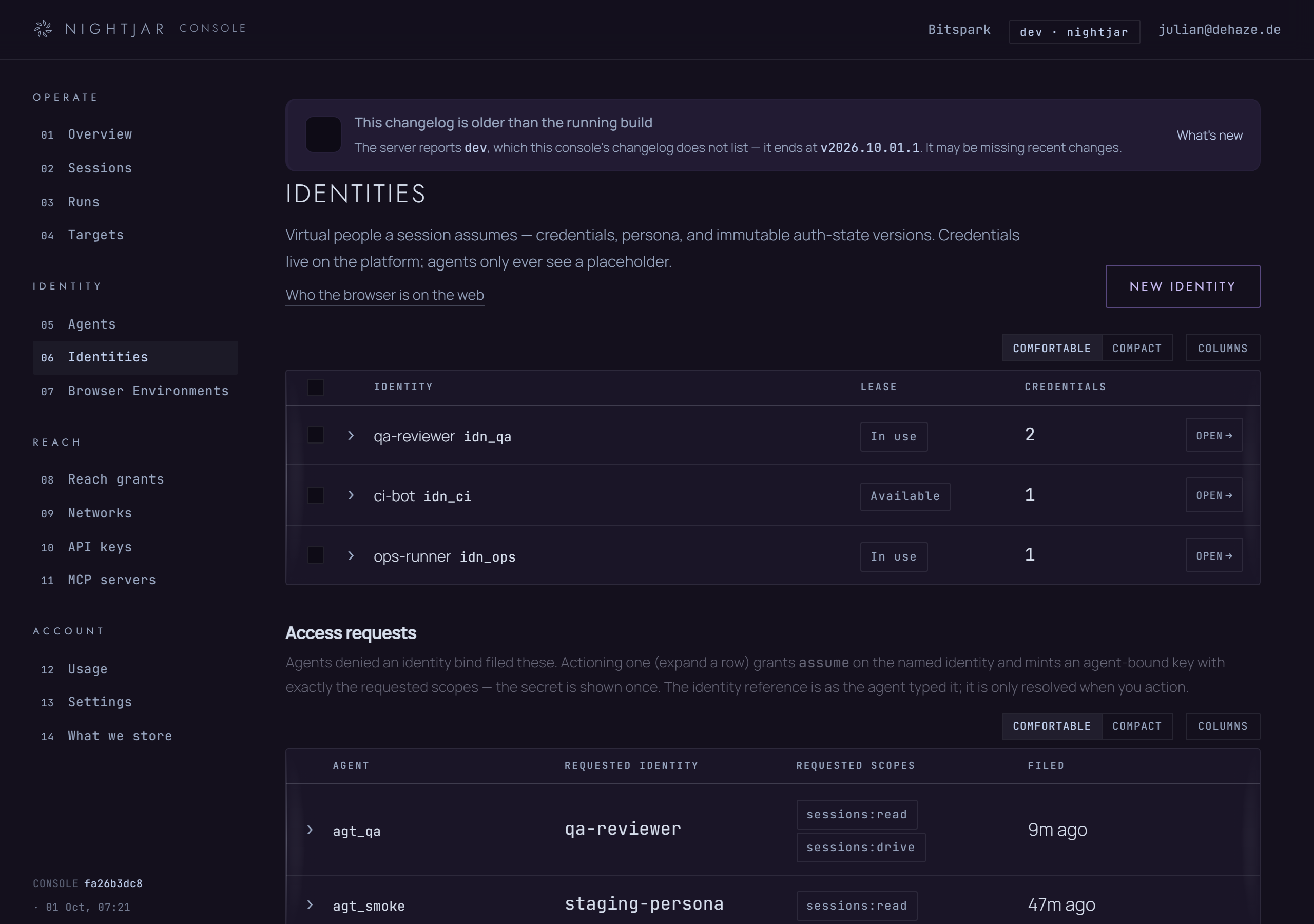 The identities list, where the Lease column lives. On a current control plane it looks exactly as before; Lease unknown appears only when the control plane does not report the lease.