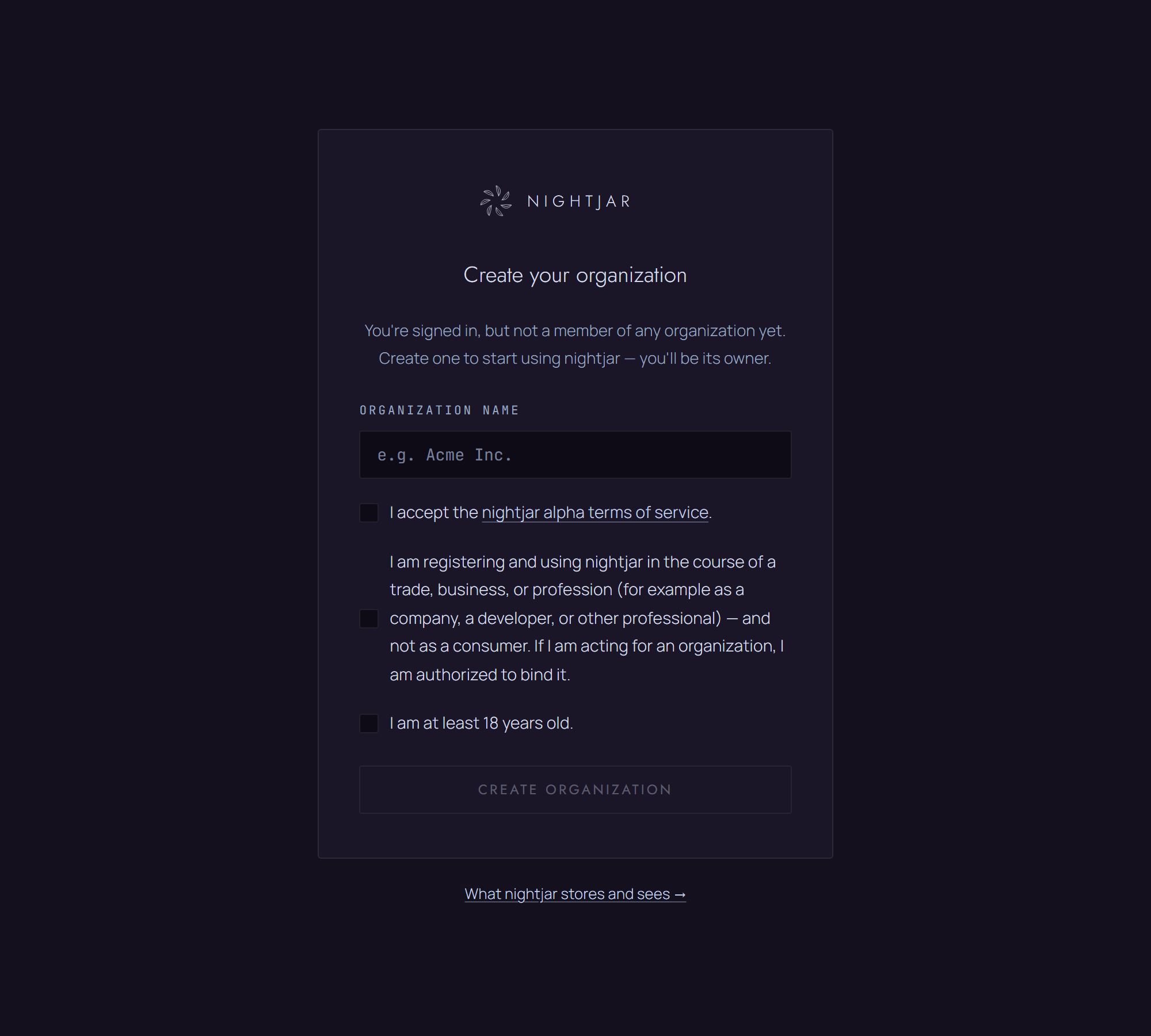 The create-organization page, where the three attestation checkboxes are now named by their full visible text. Captured from a local build.